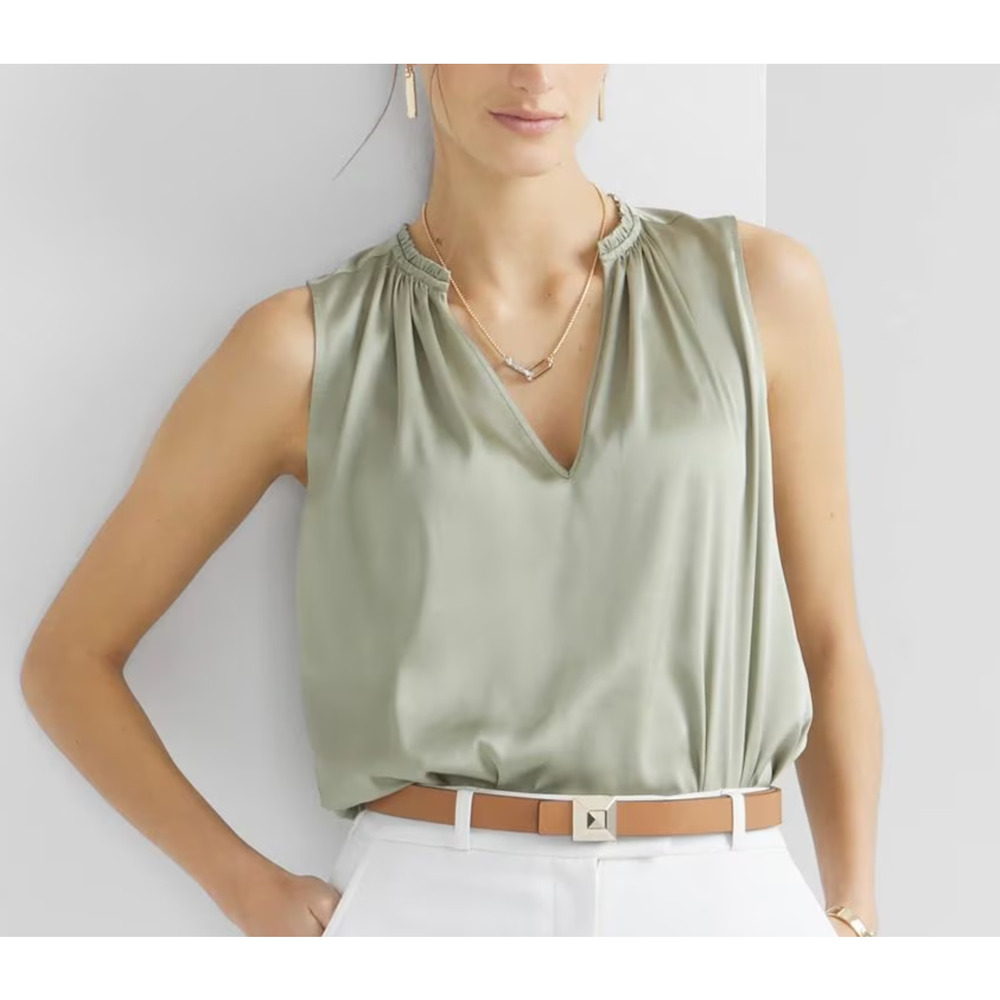 NWT Womens WHBM Large Bay Leaf Sage Green Ruched Sleeveless Shell V Neck Silky